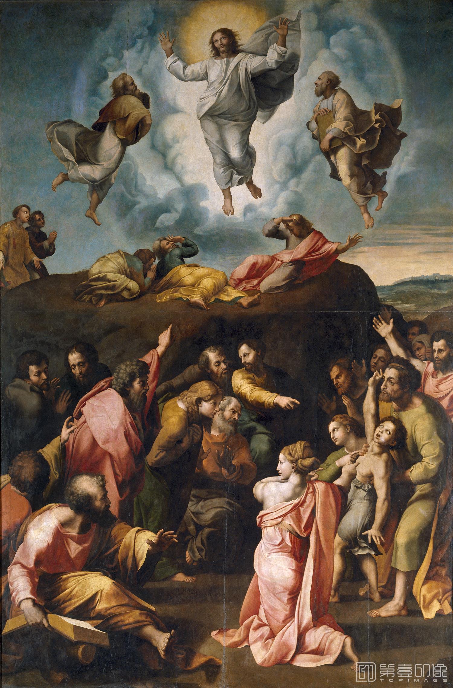油画-西班牙普拉多美术馆油画藏画-Penni, Giovanni Francesco; Romano, Giulio (Taller de)-Transfiguración del Señor-2088